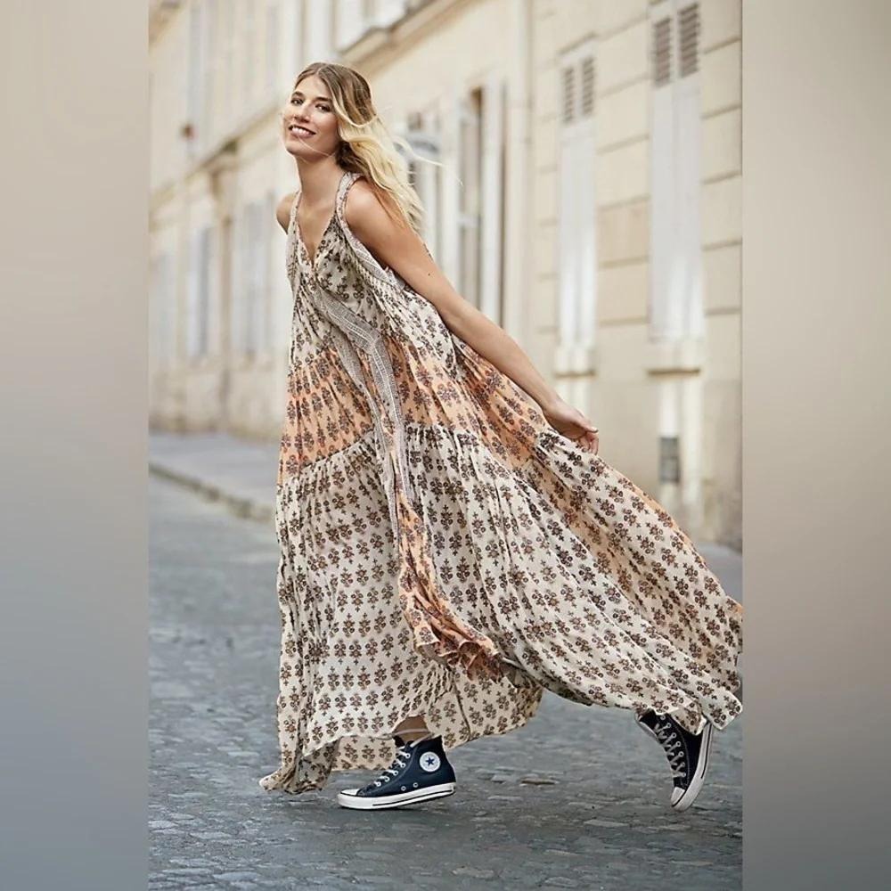 Free People We Broke‎ Free Maxi Dress Peach Floral Crochet Boho Sheer Small